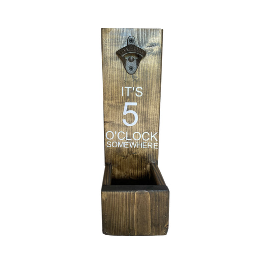 Wall Mounted Pine Bottle Opener with Cap Catcher